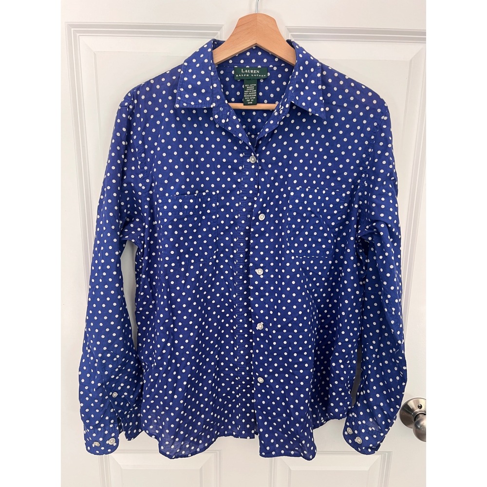 Lauren Ralph Lauren Blue Polka Dot Cotton Roll Tab Button Down Shirt LRL RN54050